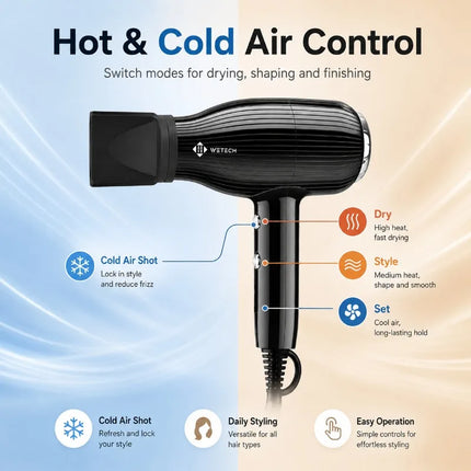 2000W WETECH Professional Hair Dryer AC 220‑240V Cold Air Blow Dryer Lightweight Black Hairdryer for Home Travel Salon Hair Styling