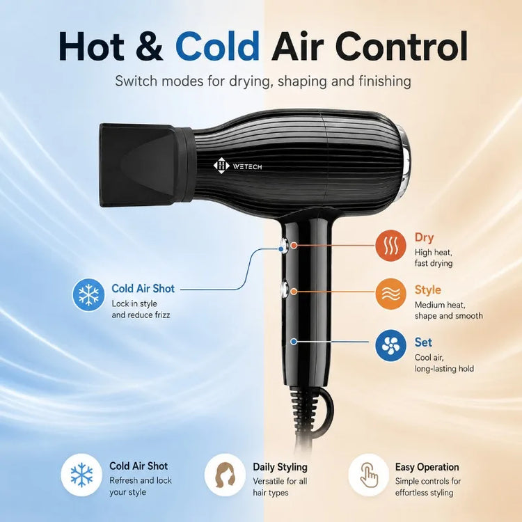 2000W WETECH Professional Hair Dryer AC 220‑240V Cold Air Blow Dryer Lightweight Black Hairdryer for Home Travel Salon Hair Styling