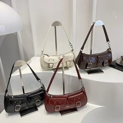 Fashion Pu Leather Women's Shoulder Bag Small Double Pocket Design Ladies Underarm Bags Y2k Vintage Female Handbags Clutch Purse PlatiNum