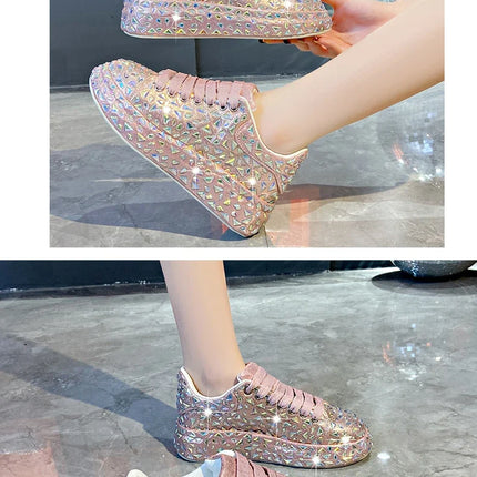 2025 Autumn Leather Women Shoes New Style Fashion Platform Shoes Ins Platforms Sneakers Tide Shine Bling Rhinestone Shoes