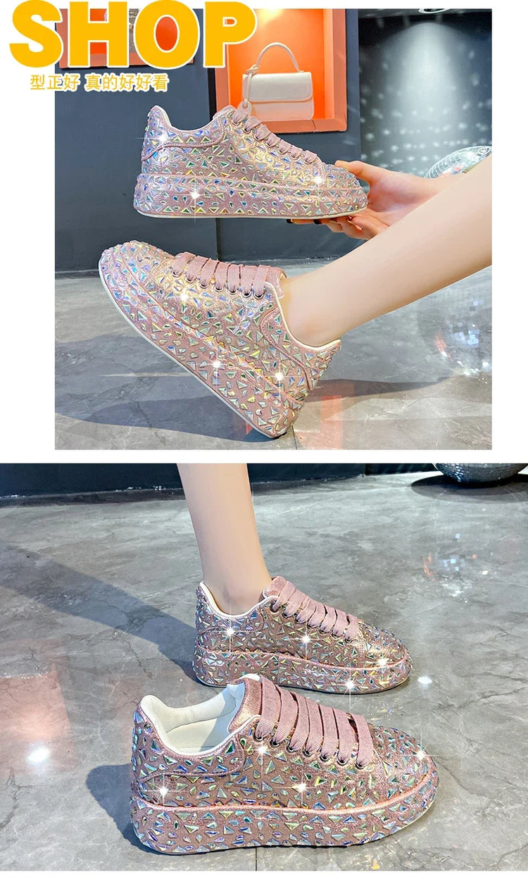 2025 Autumn Leather Women Shoes New Style Fashion Platform Shoes Ins Platforms Sneakers Tide Shine Bling Rhinestone Shoes