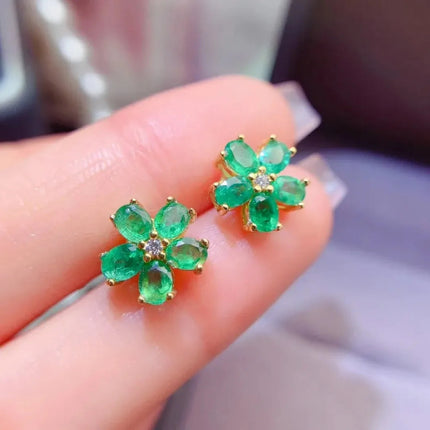 3*4mm Natural Emerald Flower Design Earrings with Certificate Fine Charm Fashion Weddings Jewelry for Women PlatiNum