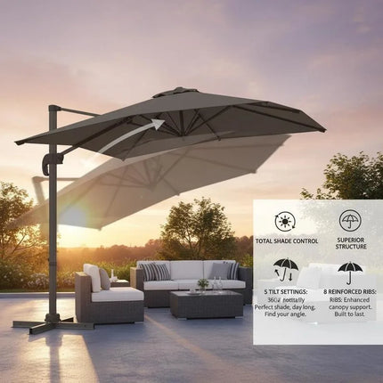 Ombrellone da Patio Quadrato a Sbalzo, 5 Angoli di Inclinazione e Rotazione a 360° °   Ombrellone da Esterno Girevole con Palo in Alluminio a 8 Stecche, Tetto Ventilato Antivento