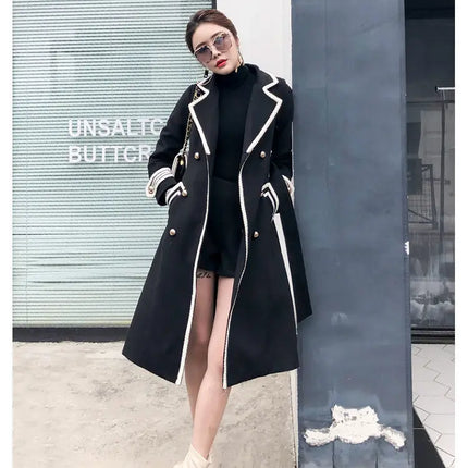 Women White Long Woolen Coat Autumn Winter British Hepburn Style Thicken Slim Double-Breasted Woolen Coat New Women Outwear