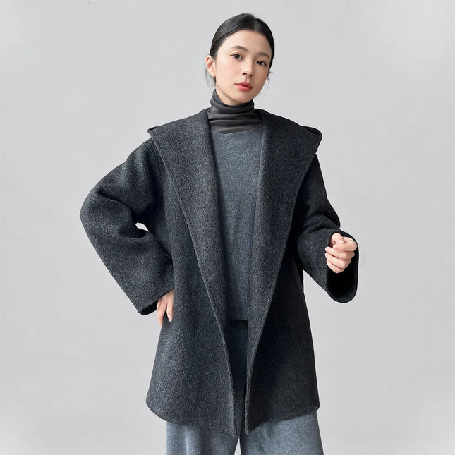 Brushed 100% Wool Coat Women Hooded Belted Wrap Coat Long-Pile Double-Faced Texture Unlined Relaxed Fit Short Coats Fall Winter