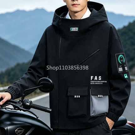 Outdoor Jacket Men Zip Up Hooded Waterproof Jacket Hiking Camping Windbreaker Male Spring Autumn Coats Overisze Outwear Hip Hop
