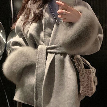 Elegant OL Office Lady Overcoats Fur Patchwork Long Sleeve Woolen Coat Beautiful Women's Clothing Jacket Autumn 2025 Spring