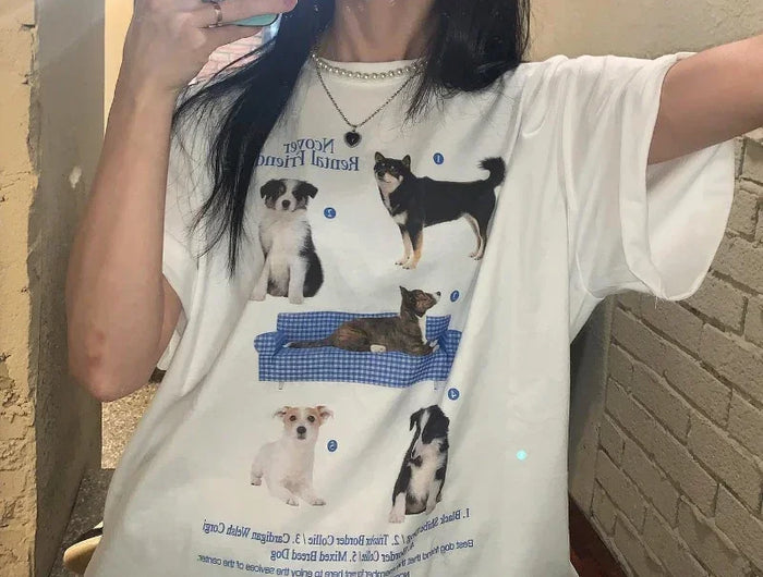 1102Dog Kawaii Graphic Shirt Ulzzang Fashion Unisex Harajuku Streetwear Grunge Y2k Aesthetic Oversized Women's T-shirts