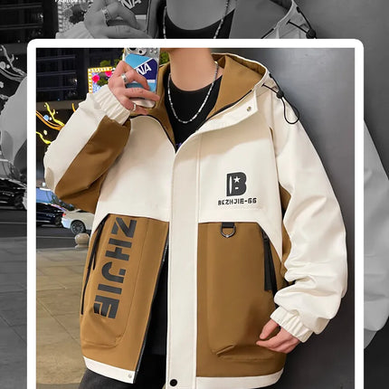 Fashion 2026 Spring Autumn Men's Hooded Casual Jacket Outdoor Windproof Loose Technical Coat Youth Streetwear Top Parka Clothing