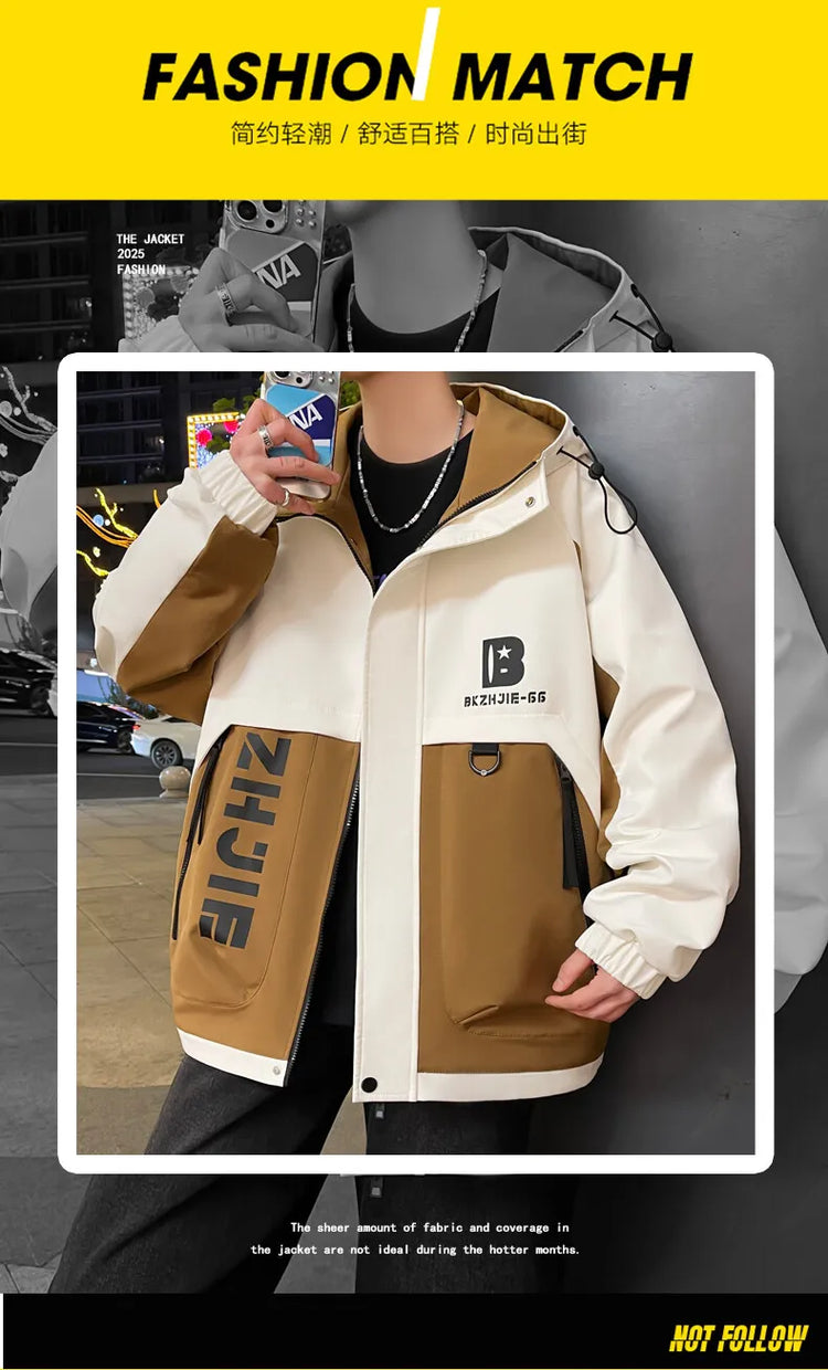 Fashion 2026 Spring Autumn Men's Hooded Casual Jacket Outdoor Windproof Loose Technical Coat Youth Streetwear Top Parka Clothing