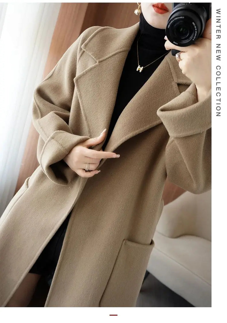 100% Wool Coat Women's Wear 2026 Autumn/Winter Fashion Temperament Double sided Cashmere Coats with Belt Elegant Long Overcoat
