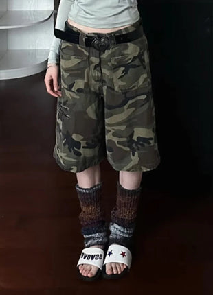 PBAP Camouflage Denim Bermuda Pants High Waist Pocket Patched Straight Cargo Jean Shorts Jorts Harajuku Vintage Women Streetwear PlatiNum