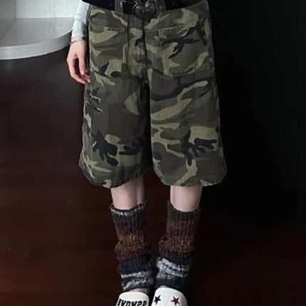 PBAP Camouflage Denim Bermuda Pants High Waist Pocket Patched Straight Cargo Jean Shorts Jorts Harajuku Vintage Women Streetwear PlatiNum