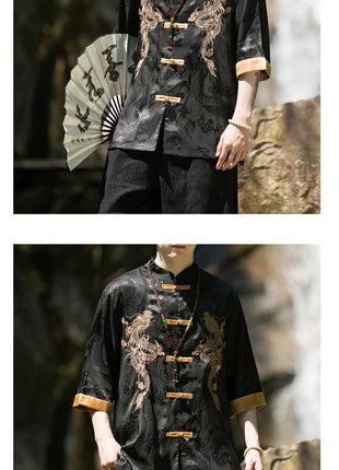 Camicia con ricamo drago dorato da uomo in seta di ghiaccio di alta qualità casual allentato a maniche corte top cardigan tradizionale kung fu retrò da uomo