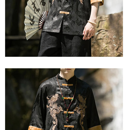 Camicia con ricamo drago dorato da uomo in seta di ghiaccio di alta qualità casual allentato a maniche corte top cardigan tradizionale kung fu retrò da uomo