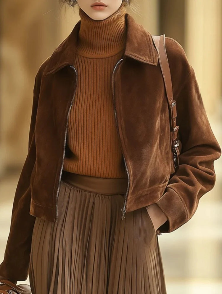 Autumn and winter short suede jacket women's vintage leather down lapel slim jacket jacket women's