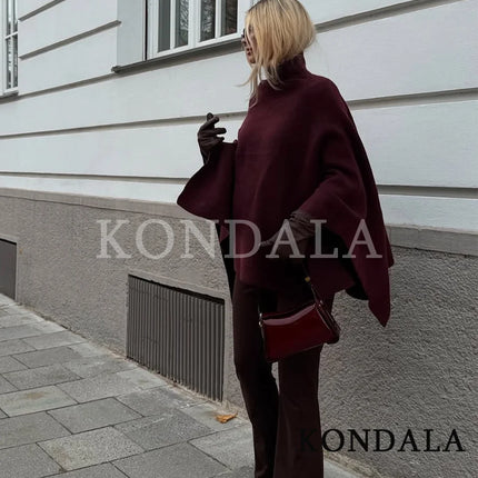 KONDALA Stand-up Collar Knitted Cape Coat High Street Casual Loose Cape 2025 Fall Winter Fashion Elegant Streetwear Lady Cape