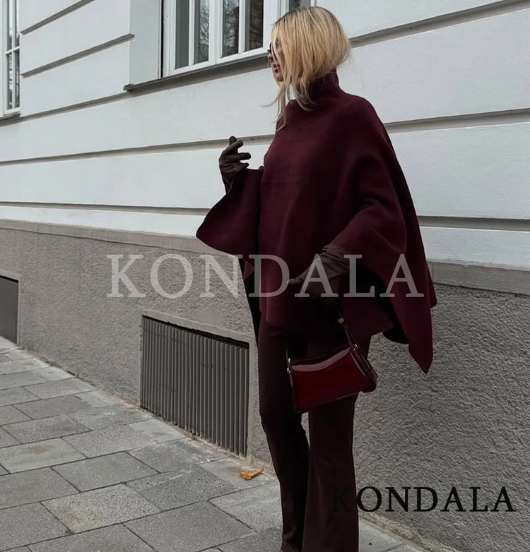 KONDALA Stand-up Collar Knitted Cape Coat High Street Casual Loose Cape 2025 Fall Winter Fashion Elegant Streetwear Lady Cape