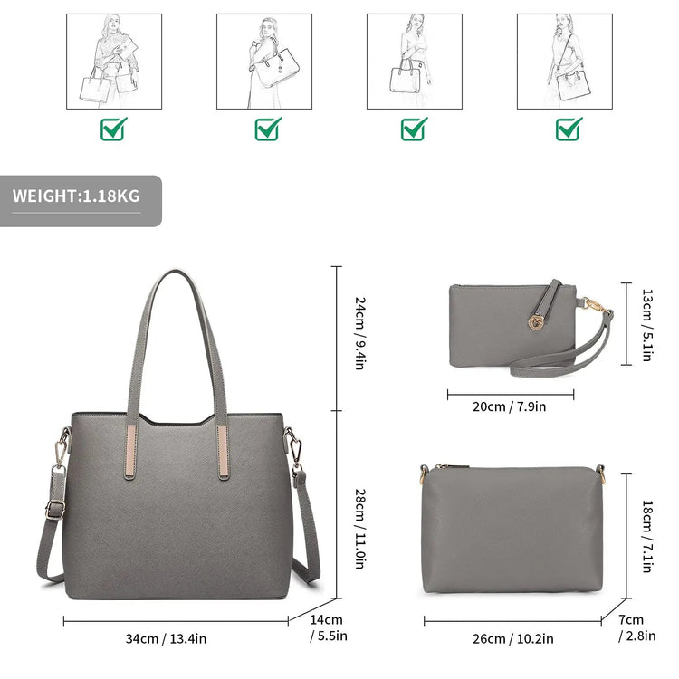 Miss Lulu WOMEN'S Shoulder bag Set 3 Piece Large Handle bag Carry bag Tote Bag Women handbag Comfortable PlatiNum