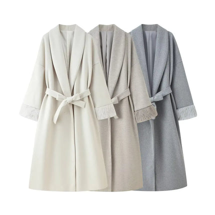Elegant Lace Up Woolen Short Coat Solid Loose Lapel Furry Long Sleeve Belt Waist Jacket 2026 Spring Autumn Lady Chic Cardigan