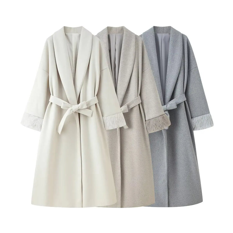 Elegant Lace Up Woolen Short Coat Solid Loose Lapel Furry Long Sleeve Belt Waist Jacket 2026 Spring Autumn Lady Chic Cardigan