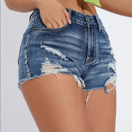 Ripped Raw Denim Shorts For Women Fashion A-line Hem Female Summer Hot Pants Streetwear Blue Clothing Skinny Sexy Retro Leisure PlatiNum