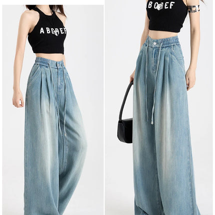 Estate di Lusso Morbido Accogliente 100% Tessuto Lyocell Donna Jeans Allentati Gamba Larga Elastico in Vita Pantaloni Moda Casual Più Lunghezza