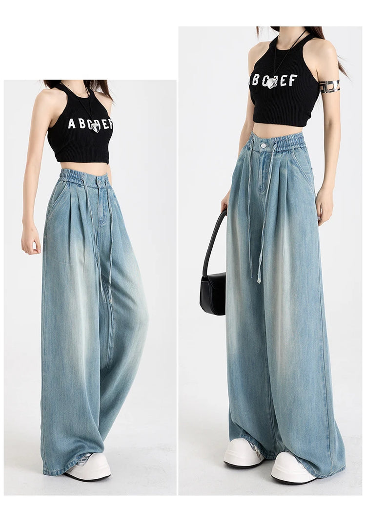Estate di Lusso Morbido Accogliente 100% Tessuto Lyocell Donna Jeans Allentati Gamba Larga Elastico in Vita Pantaloni Moda Casual Più Lunghezza