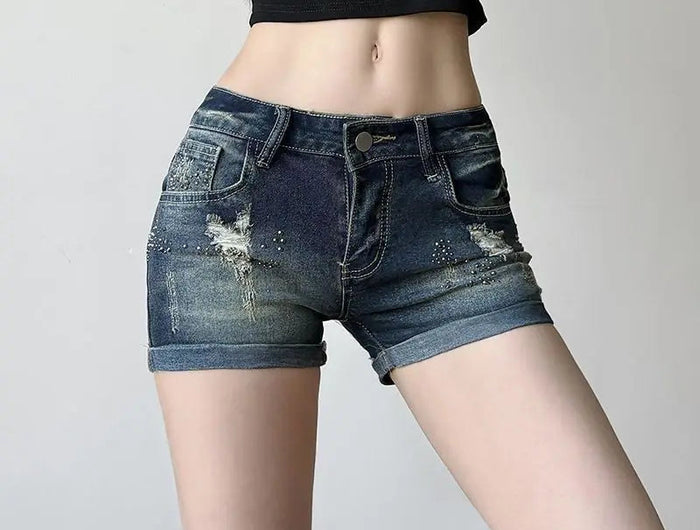 American Vintage Short Jeans Low Waist Denim Distressed Bodycon Y2K Women Casual Streetwear Kawaii Retro Button Summer Patchwork PlatiNum