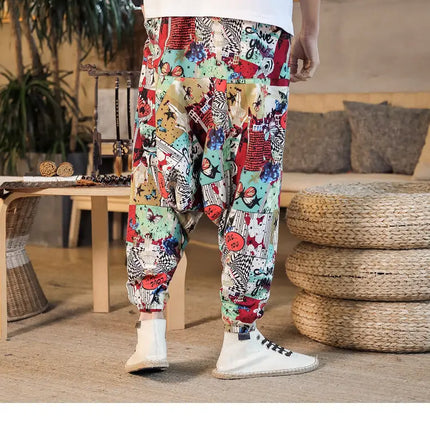 Pantaloni Harem da Uomo 2026 Stile Retrò con Stampa, Pantaloni Jogger Larghi e Comodi con Cavallo Ribassato, Stile Nepal Oversize, Pantaloni Casual da Uomo con Cavallo Ribassato