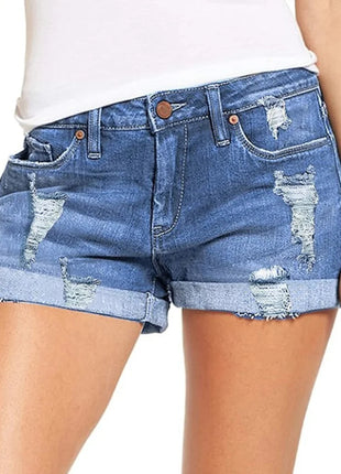 High-End Elastic Ripped Denim Shorts for Women Comfortable Fit Fashionable Tear Design PlatiNum