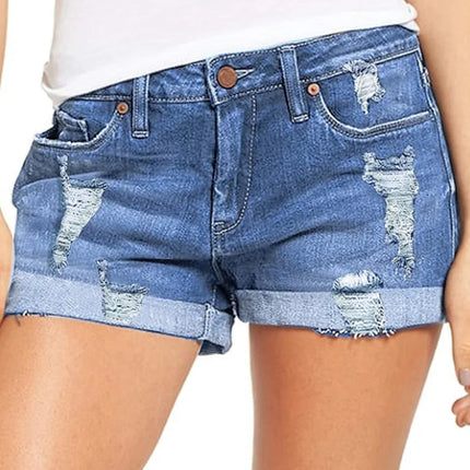 High-End Elastic Ripped Denim Shorts for Women Comfortable Fit Fashionable Tear Design PlatiNum