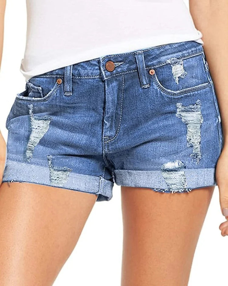 High-End Elastic Ripped Denim Shorts for Women Comfortable Fit Fashionable Tear Design PlatiNum