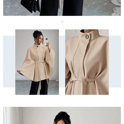 Wool Coat Women Autumn Winter Woolen Jacket Batwing Sleeve Button Lace Up Blends Turtleneck Overcoat Office Lady Outerwear