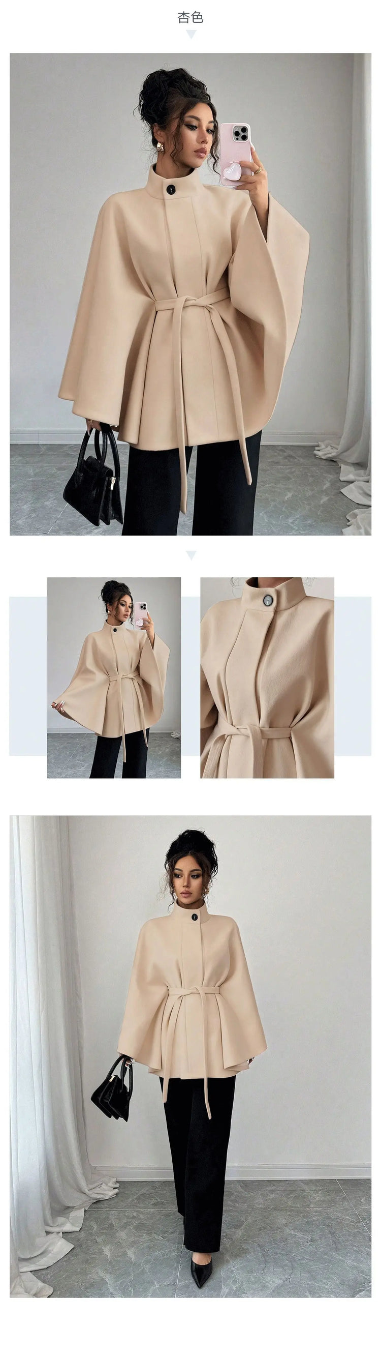 Wool Coat Women Autumn Winter Woolen Jacket Batwing Sleeve Button Lace Up Blends Turtleneck Overcoat Office Lady Outerwear