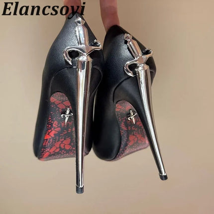 Vendita calda Scarpe da banchetto Décolleté da donna Scarpe eleganti con tacco alto in metallo Scarpe da ballo in pelle nera Scarpe da festa sexy autunnali per donna platinumshop