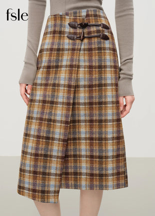 FSLE Vintage College-Inspired Asymmetrical Slit Skirt for Women Winter 2025 New Arrival Versatile Slim-Fit Design Plaid Skirts PlatiNum