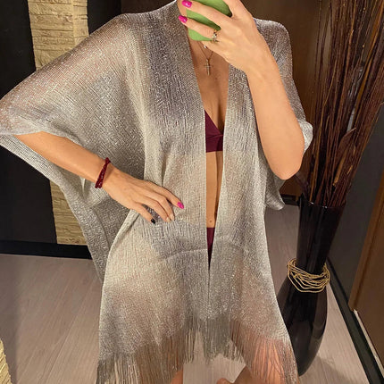 Abito copricostume da spiaggia lavorato a maglia trasparente con nappe sexy con frange Tunica in rete lucida per costumi da bagno da donna Abito da spiaggia leggero con copertura in rete platinumshop