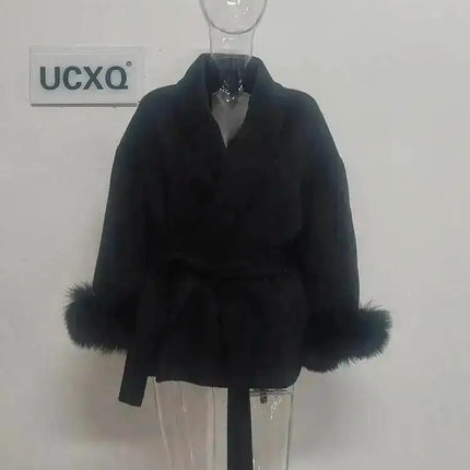 UCXQ Elegant OL Office Lady Overcoats Fur Patchwork Long Sleeve Woolen Coat Beautiful Women's Clothing Jacket Autumn 2025 Winter