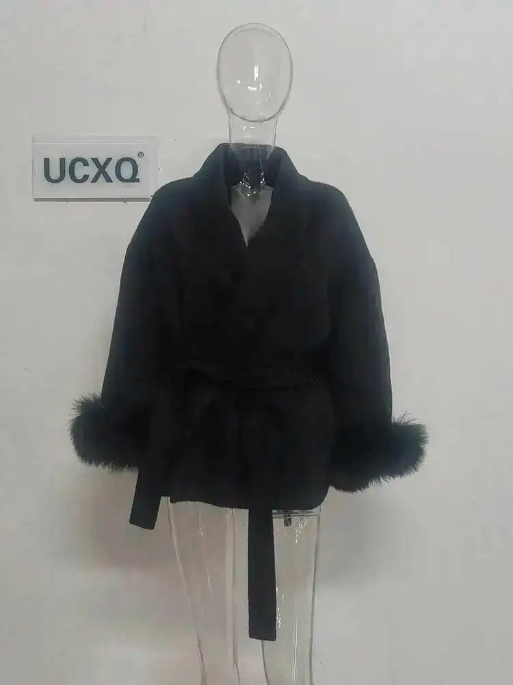 UCXQ Elegant OL Office Lady Overcoats Fur Patchwork Long Sleeve Woolen Coat Beautiful Women's Clothing Jacket Autumn 2025 Winter