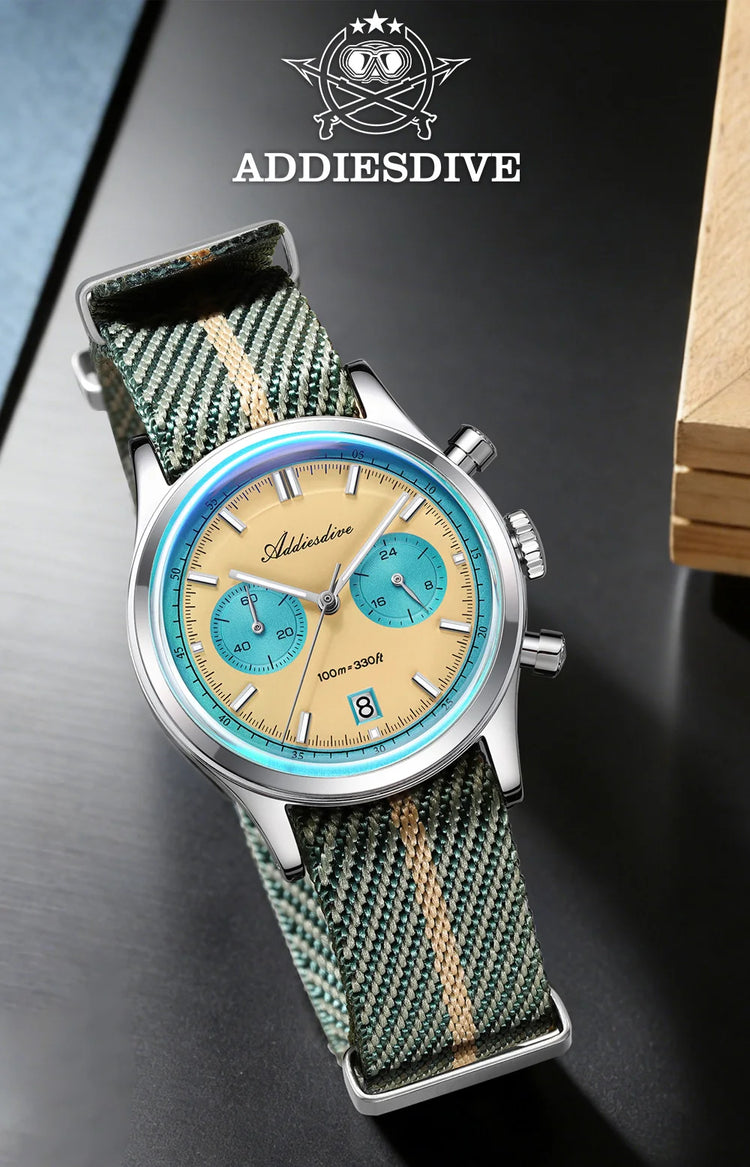 ADDIESDIVE AD2542 Luxury Quartz Chronograph Watch for Men Japanese 0S21 Movement 38mm Stainless Steel Case BGW9 Lume 100M Waterp