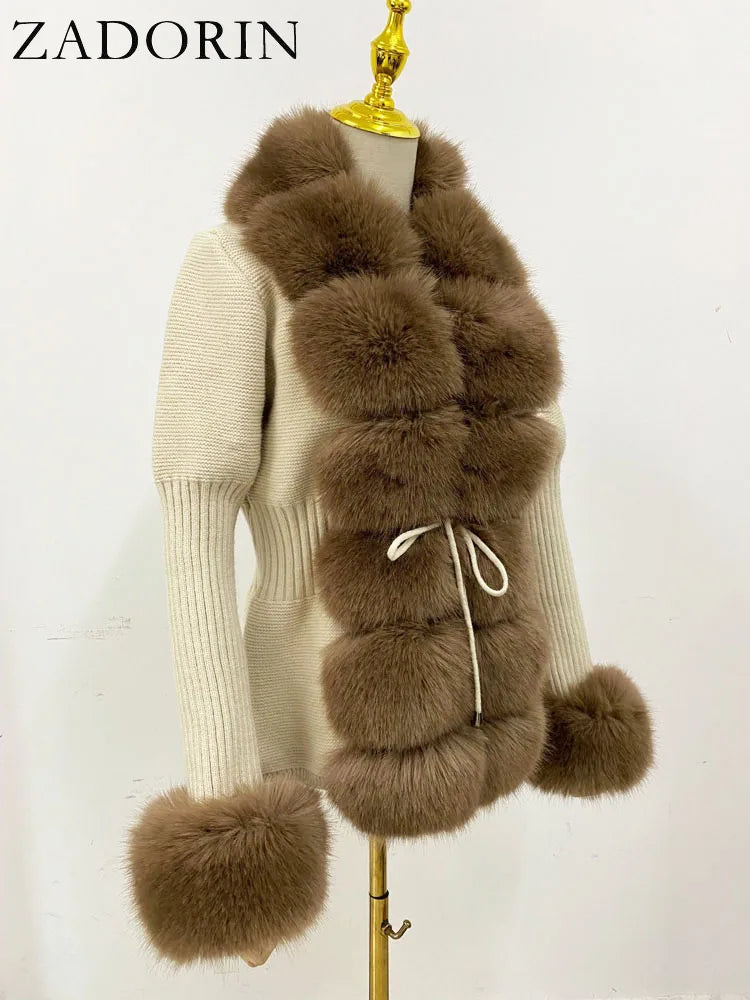 ZADORIN 2026 Chic Fur Cardigan Knitted Sweater Luxury Detachable Faux Fur White Pink Black Sweaters Cardigans Woman Tops Clothes