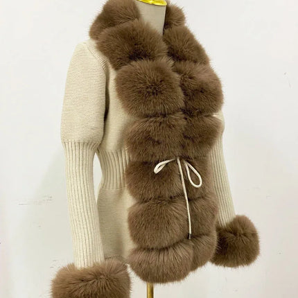 ZADORIN Autumn Winter Women Faux Fur Coat Luxury Knitted Sweater Fur Cardigan Detachable Collar White Pink Jacket Faux Fur Coats