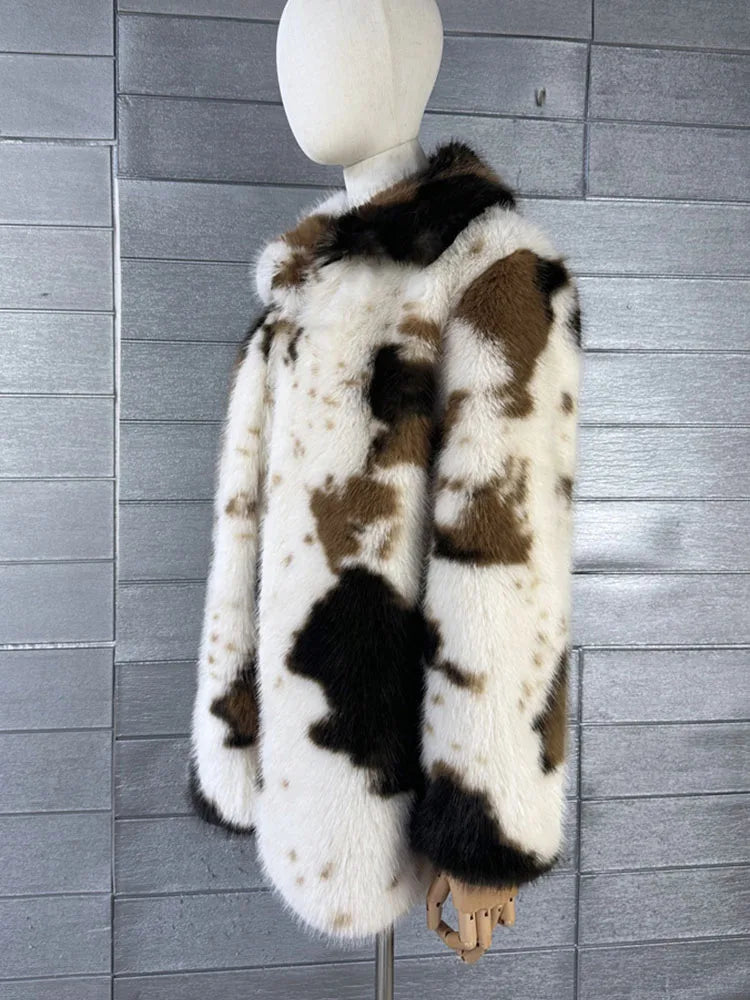 ZADORIN 2026 Chic Mid Long Cow Pattern Fluffy Faux Fur Coat Woman Lapel Loose Winter Fur Coats Woman Furry Jacket Fur Faux Coat
