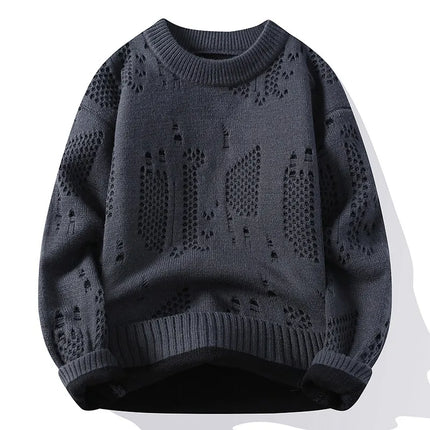 Autumn Winter Fashion Hole Knit Sweater Men O-Neck Solid Color Youthful Vitality Casual Knitted Pullovers Man Streetwear Sweater