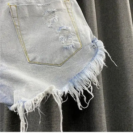 Shorts in denim da donna a vita alta, strappati, con orlo grezzo e sfilacciato, casual, hot pants - platinumshop