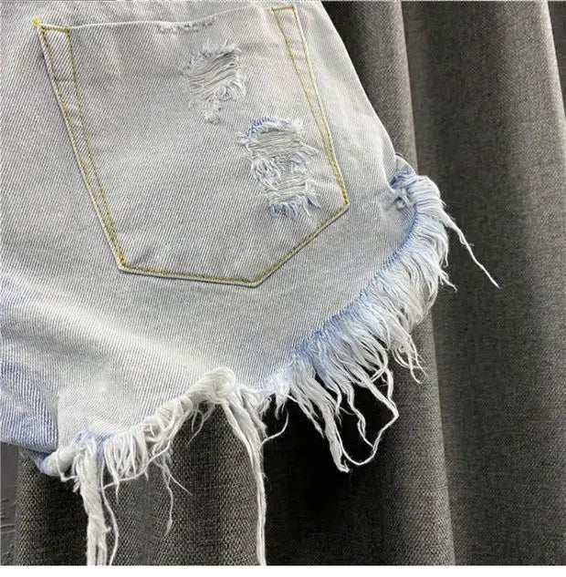 Shorts in denim da donna a vita alta, strappati, con orlo grezzo e sfilacciato, casual, hot pants - platinumshop