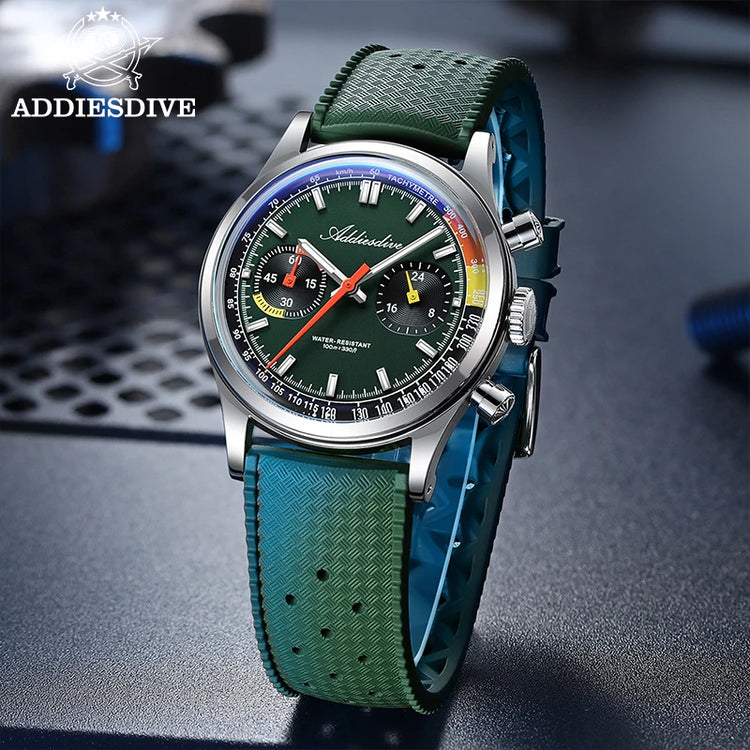 ADDIESDIVE New Men Watch 38mm VK64 Chronograph Fluororubber Luxury Domed Glass BGW9 Luminous 100m Waterproof Quartz Wristwatch