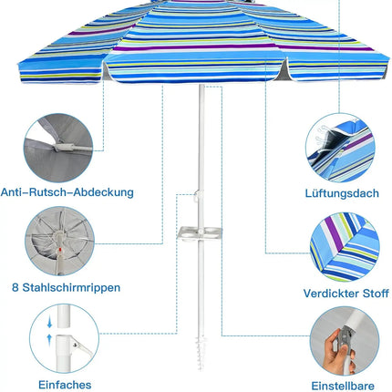 Ombrellone da spiaggia da 200 cm, con portabevande, ombrellone da giardino, antivento, UPF 50+, 30 °   Protezione solare pieghevole con punta a terra