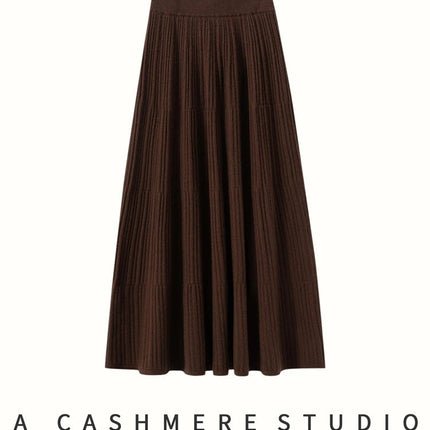 Autumn Winter Women Tiered Skirt Cashmere A-line Pleated Skirt Elastic Waist 100% Cashmere Knitted High Quality Soft Solid Dress PlatiNum